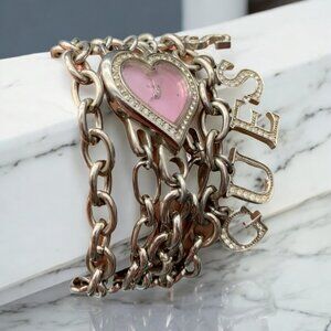 VTG Rare Y2K Guess Silver Tone Chain Pink Heart Watch Bracelet Charms 90s
